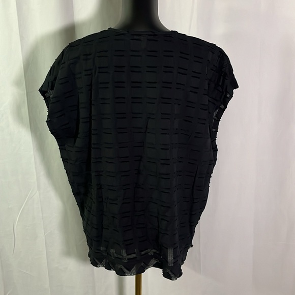Eileen Fisher Black Textured Organic Cotton Boxy Raw Hem V-Neck Blouse - Picture 3 of 16